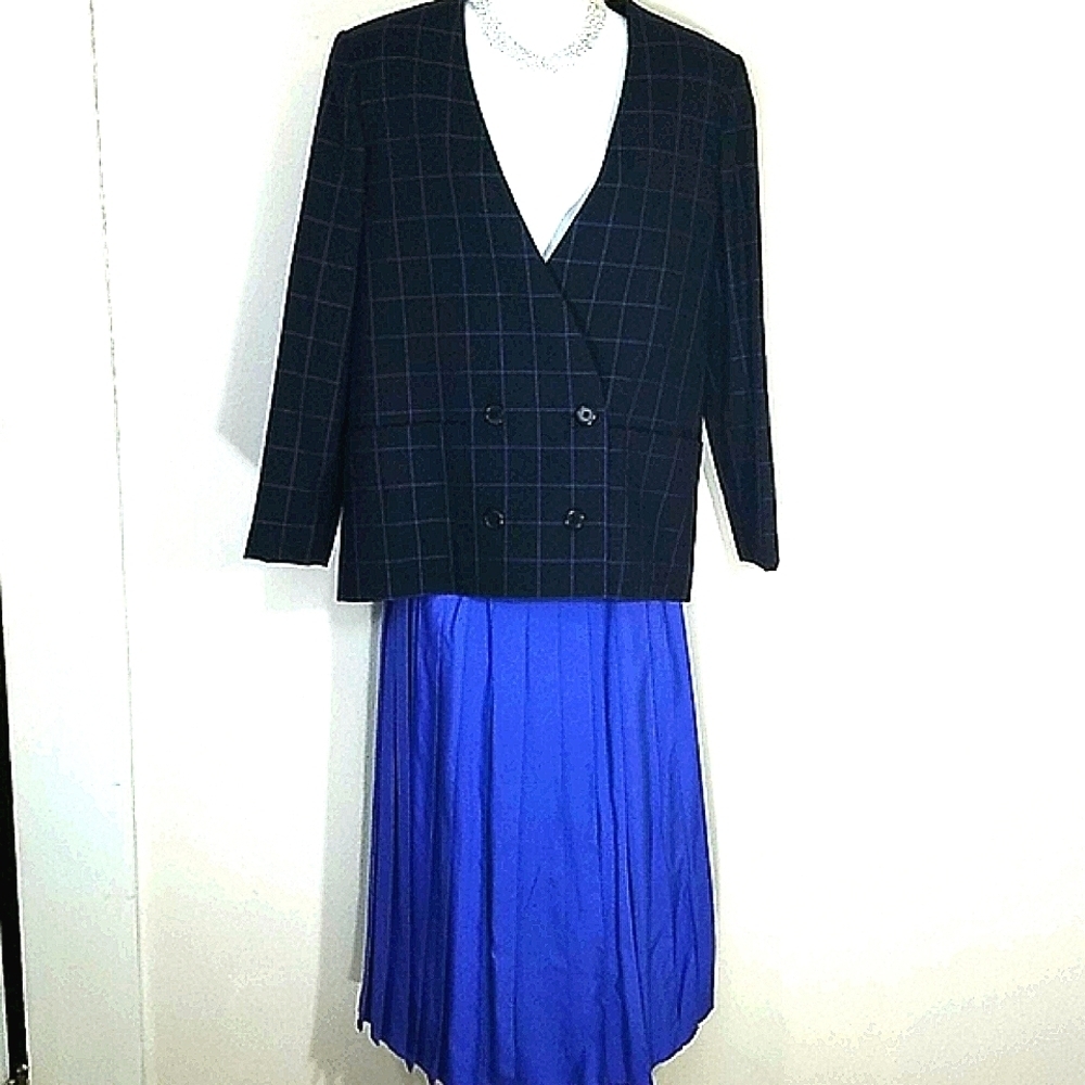 Vintage Mayor Estate Black Wool Blazer Royal Blue Pleated Skirt Suit Set Small